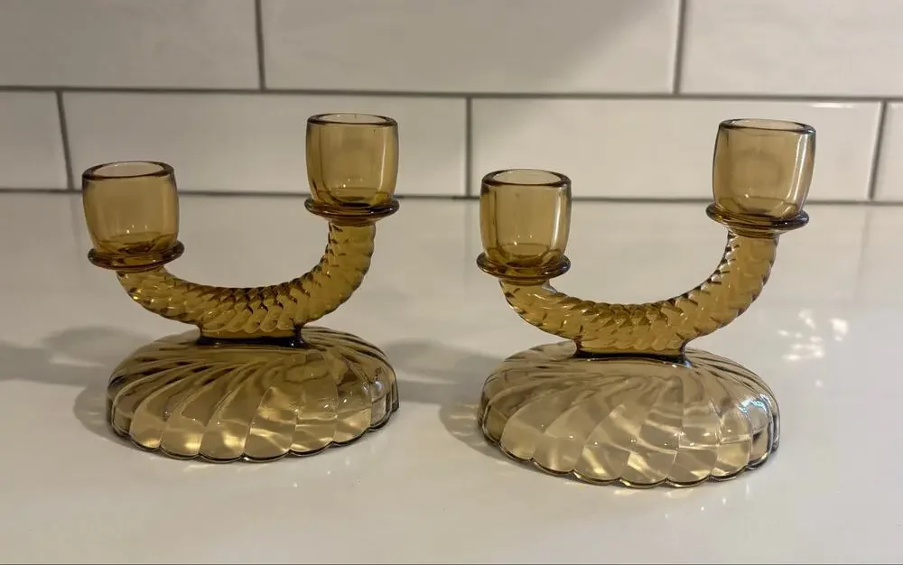 Pair of Vintage Brown Glass Candle Holders